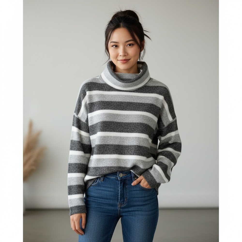 NWT Teenbell Gray & White Striped Women's turtleneck light Sweater‎ Size Medium